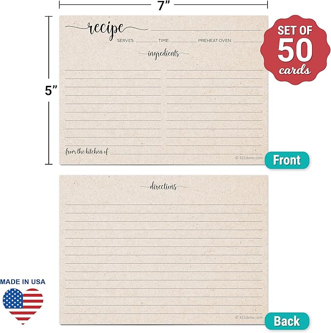 321Done Jumbo Rustic Recipe Cards (Set of 50) From the Kitchen Of 5x7 Extra Large - Kraft Tan Minimalist for Weddings, Bridal Shower - Double-Sided - Made in USA