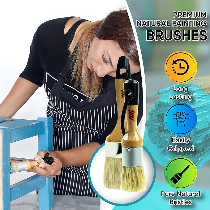 Chalk Paint Brushes Set, Pack of 2 Wax Brush - 2.5 Inches Large, Natural Bristles, Perfect for Furniture Painting, Stencils, Waxing - No Shedding, Superior Paint Pick-Up & Release (2)