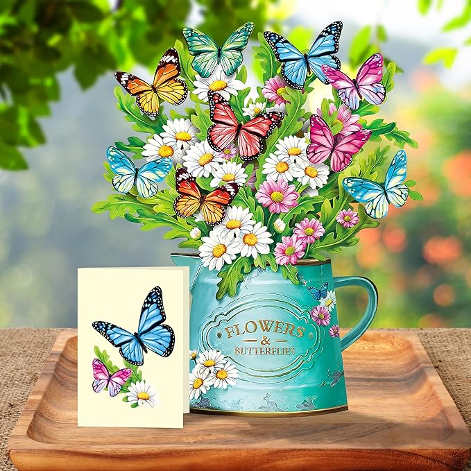 Airpark Pop Up Flower Cards, 3 Packs, Daisies and Butterflies,12inch Forever Flower Bouquet 3D Popup Greeting Cards with Blank Note Card and Envelope for Birthday, Easter, Mother's Day