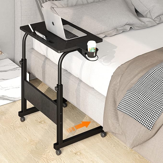 Klvied Standing Desk Adjustable Height, Stand Up Desk with Cup Holder, Portable Laptop Desk, Mobile, Small Computer Desk, Bedside Table, Black Rolling Desk, Work Desk for Home Office