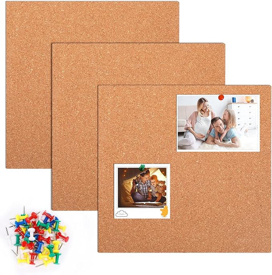 FEBSNOW Cork Board, 3 Pack Strong Self-Adhesive Cork Board Tiles Square 7.9 * 7.9inch Cork Boards for Walls Bulletin Board with 50 Multi-Color Push Pins