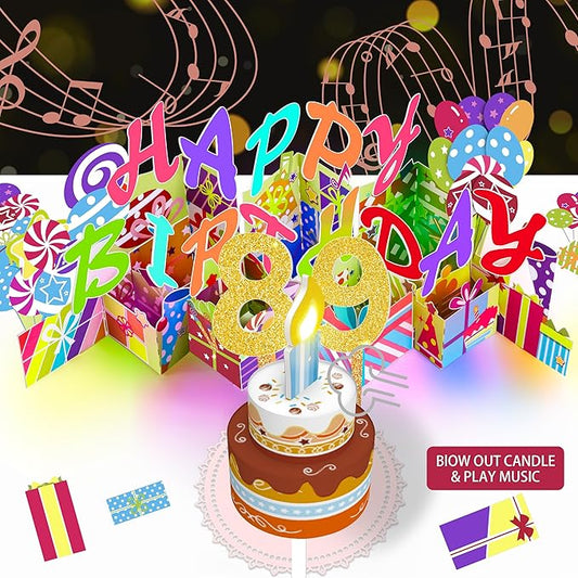Gumry 89TH Musical Birthday PopUp Card, Blowable Colorful Light Candle 3D Cards with Song, Applause Cheers Sound, Greeting Cards Birthday Gifts Decorations for Women Men Turning 89 Years Old