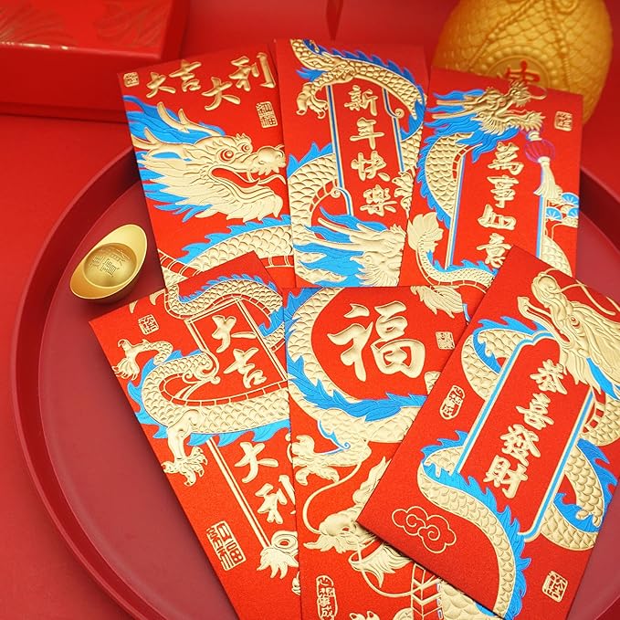 Chinese New Year Red Envelopes 2024 Dragon Lucky Money Envelopes Hongbao 红包 Laisee Embossed Foil Chinese Lunar Envelopes for Spring Festival (6 Patterns 36 Pcs)