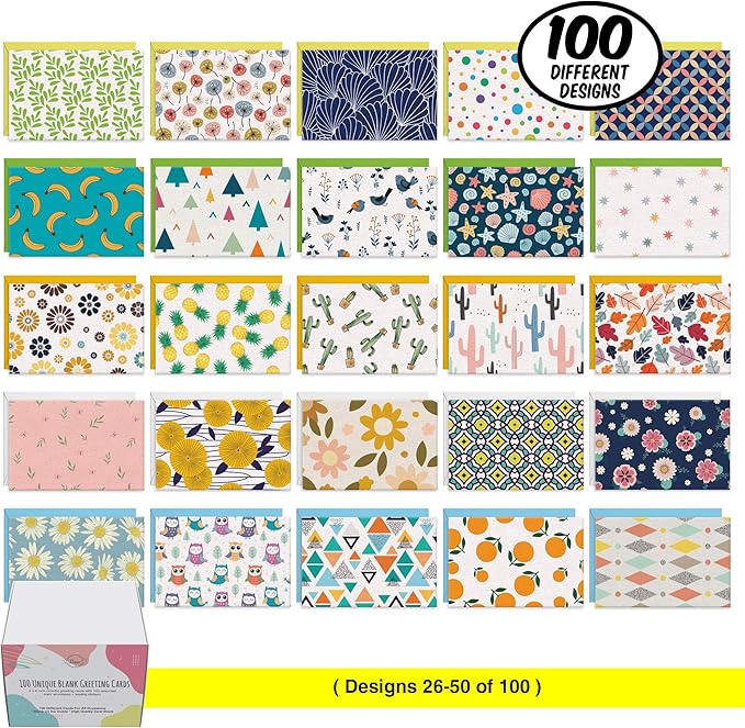 Dessie 100 Unique Blank Cards With Envelopes 4x6 - All Occasion Blank Greeting Cards w/Colored Envelopes & Gold Seals. No Repetition. Note Cards with Envelopes Set