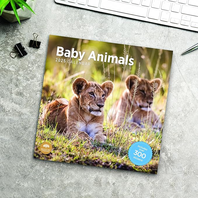 2025 Baby Animals Monthly Wall Calendar by Bright Day, Includes Over 300 Stickers, 12 x 12 Inch
