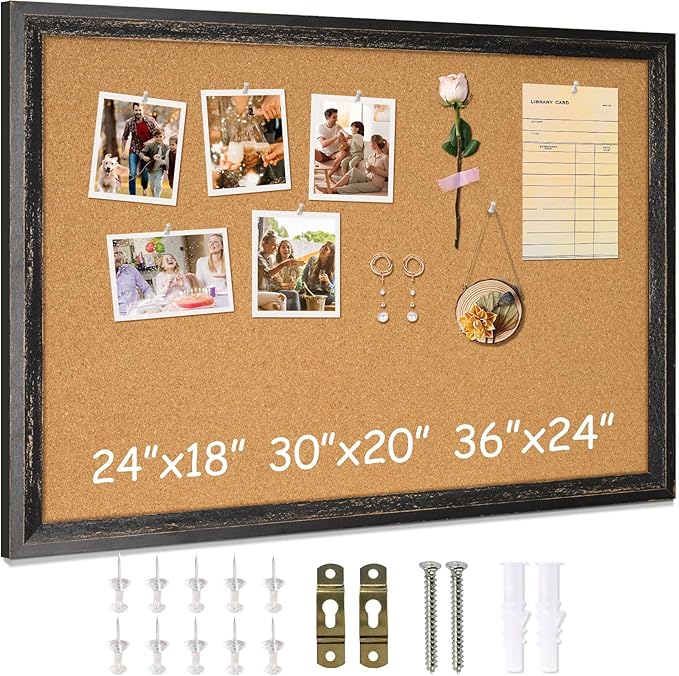 DOLLAR BOSS Cork Board for Office 36 X 24 Inches Cork Boards for Walls Bulletin Board, Decorative Hanging Pin Board Rustic Wooden Frame Vision Board Cork Notice Board for Office Home Decor, Black