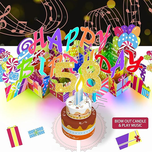 Gumry 58TH Musical Birthday PopUp Card, Blowable Colorful Light Candle 3D Cards with Song, Applause Cheers Sound, Greeting Cards Birthday Gifts Decorations for Women Men Turning 58 Years Old
