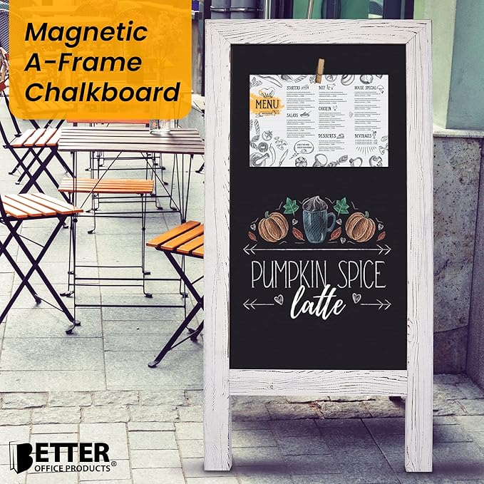 Better Office Products Magnetic A-Frame Chalkboard Sign, Extra Large 20" x 40", Standing Chalkboard Easel, Deluxe Set with Multiple Accessories, Outdoor Sidewalk Sandwich Board Sign,(Whitewash)