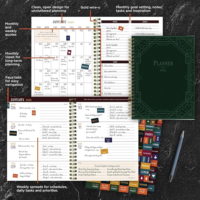 TF PUBLISHING 2025 Emerald Edition Medium Weekly Monthly Planner - Goals & Task Trackers - Planner Monthly and Weekly with Organizer Stickers - 12 Month Calendar Planner - 6.5" x 8"