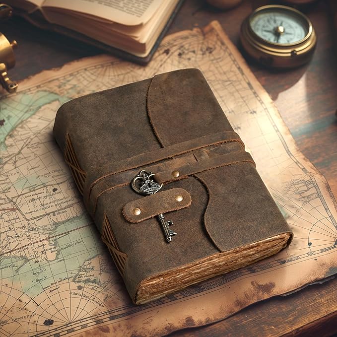 LEATHER VILLAGE Vintage Leather Journal – 200 Handmade Vintage Deckle Edge Paper – Leather bound Journal For Women Men – Vintage Key Closure - Book of Shadows - Chocolate Brown - 10X7 inches